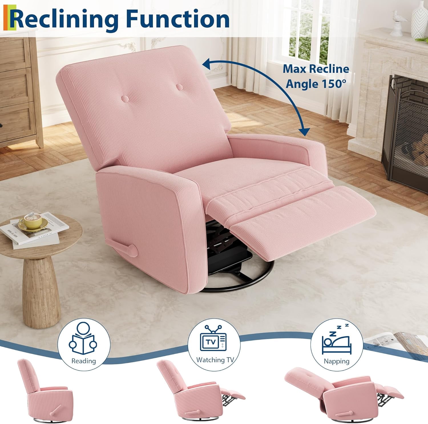 Recliner Chairs, Swivel Rocker Recliner, Glider Recliner Nursery Chair for Adults, 360° Swivel Glider Rocking Chair for Living Room, Bedroom, Office, RV, Small Spaces, Corduroy, Pink