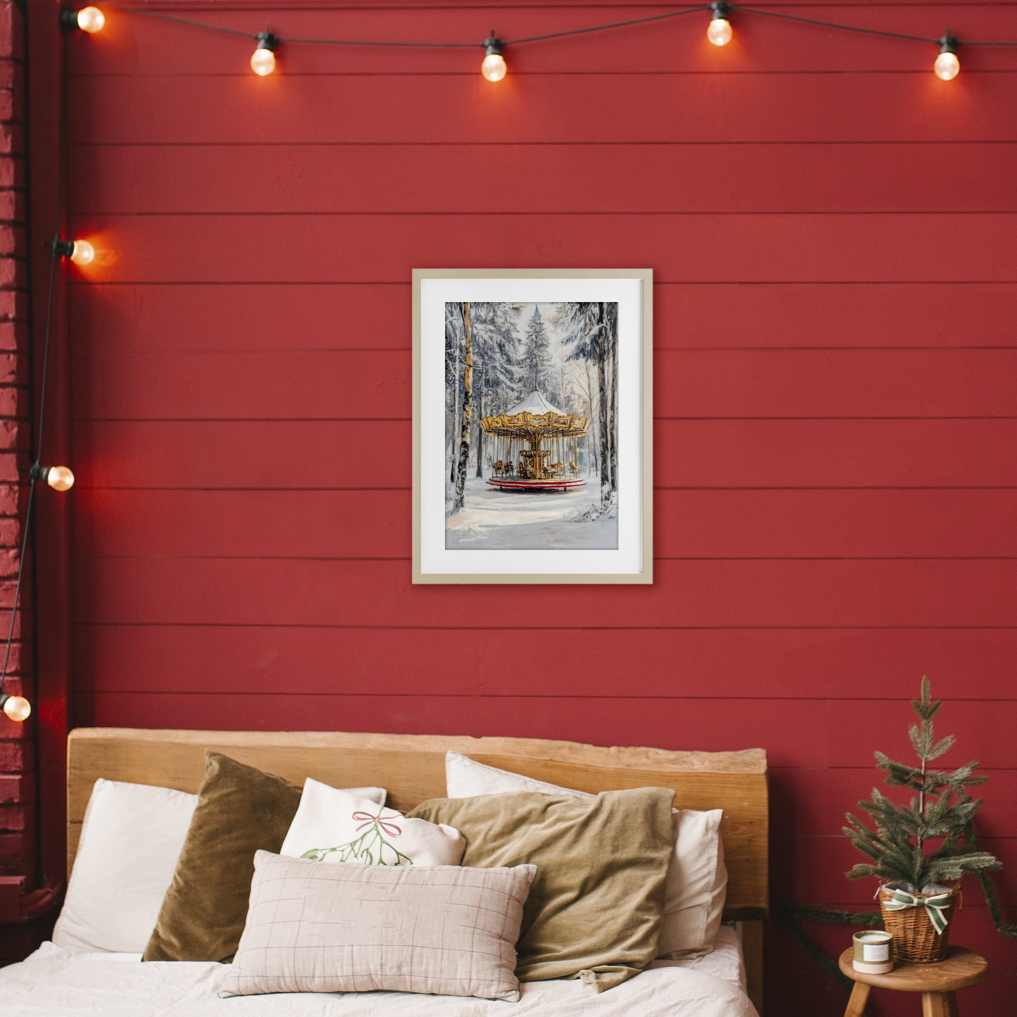 Winter Wonderland Carousel Birch Framed Print Under Glass, design by Petal Prints Design