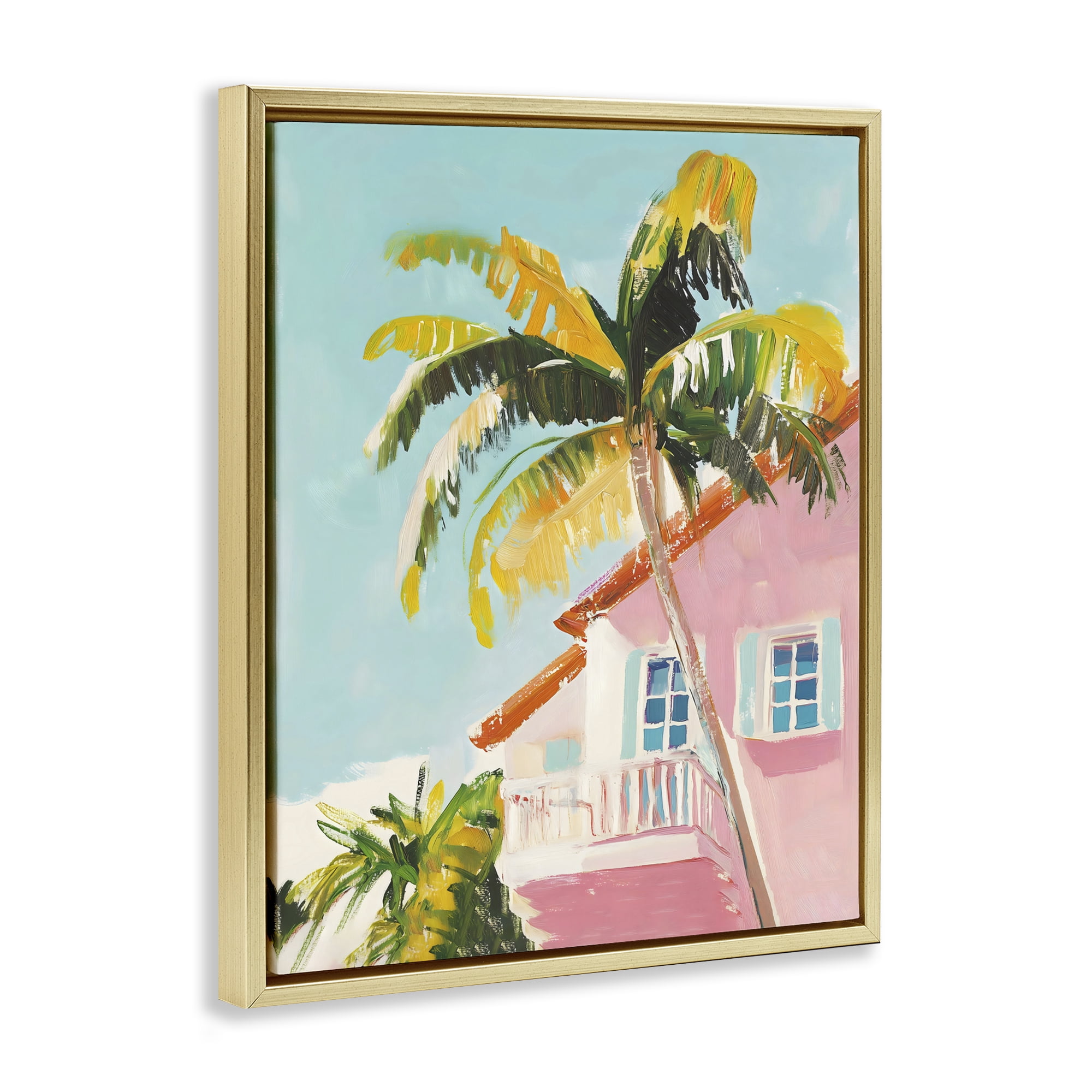 Stupell Industries Pink House Palm Tree Gold Framed Floater Canvas Wall Art, design by The Prints Vibe