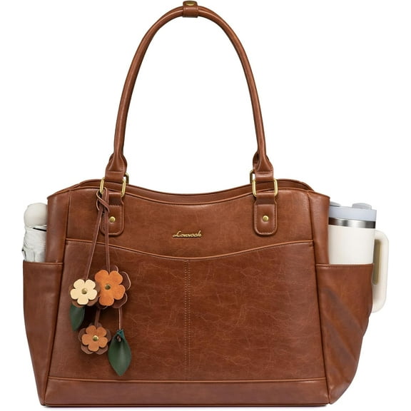 LOVEVOOK Laptop Bag for Women, Leather Vintage Work Tote Bag Computer Office Teacher Bag with Large Cup Holder