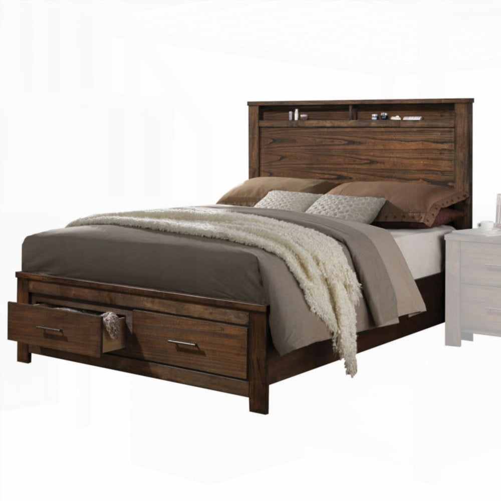Queen Size Oak Storage Bed with 13 Slats & 2 Drawers, No Box Spring Needed, Brown for Bedroom