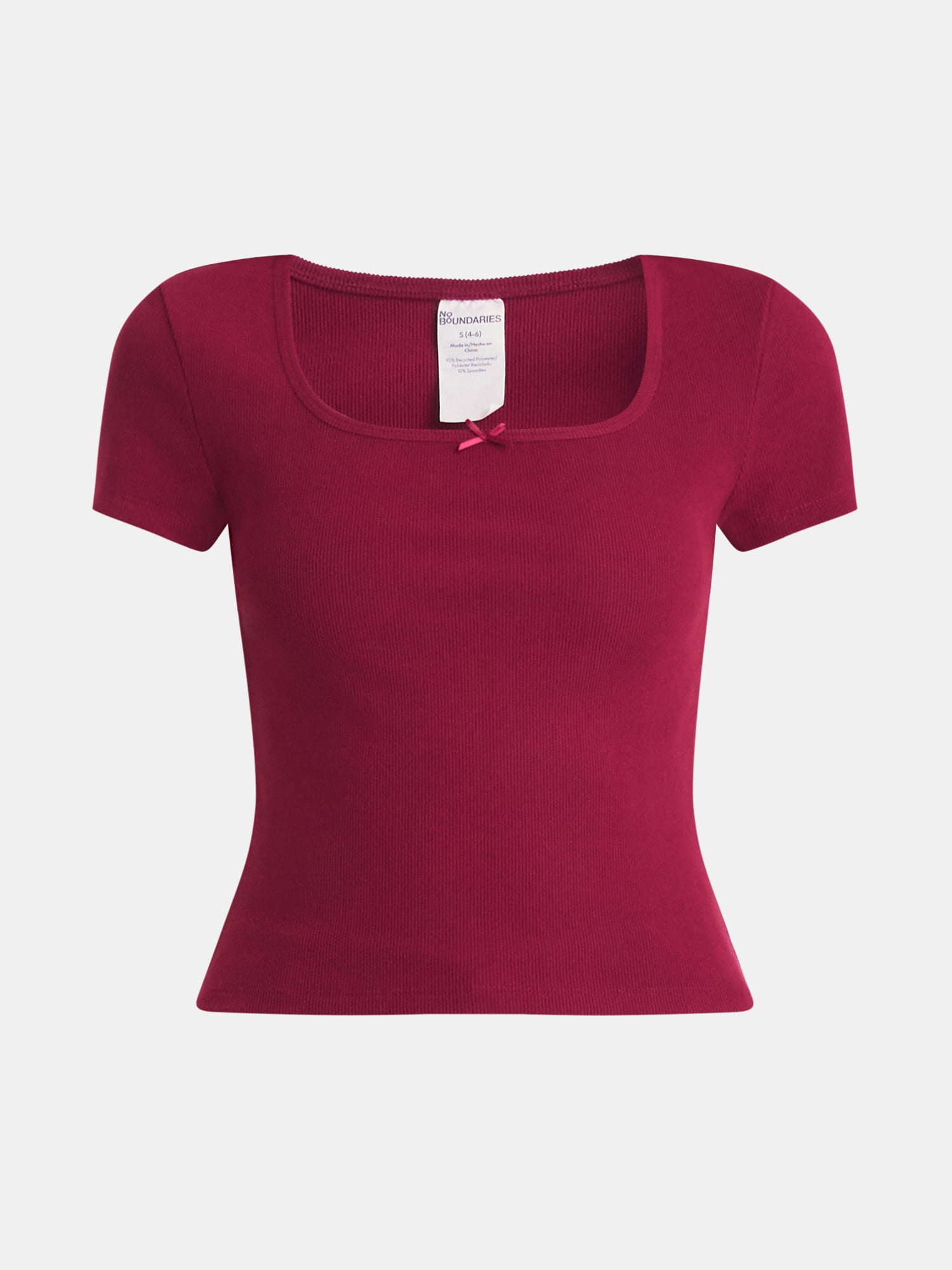 No Boundaries Square Neck Tee with Satin Bow, Women's