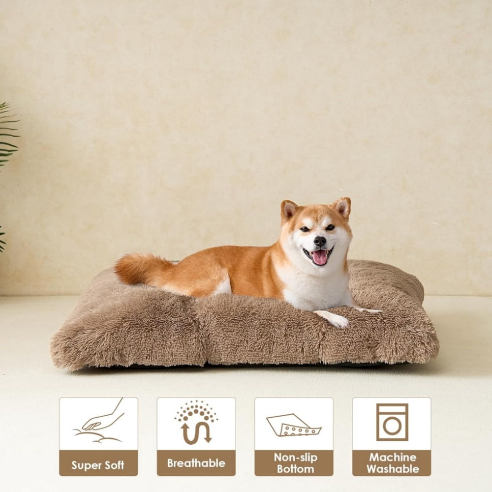 Reyox Large Dog Bed, 35 x 23 inch Fluffy Plush Dog Cage Bed, Washable Dog Mat with Non-Slip Bottom for Large and Medium Dogs,Khaki