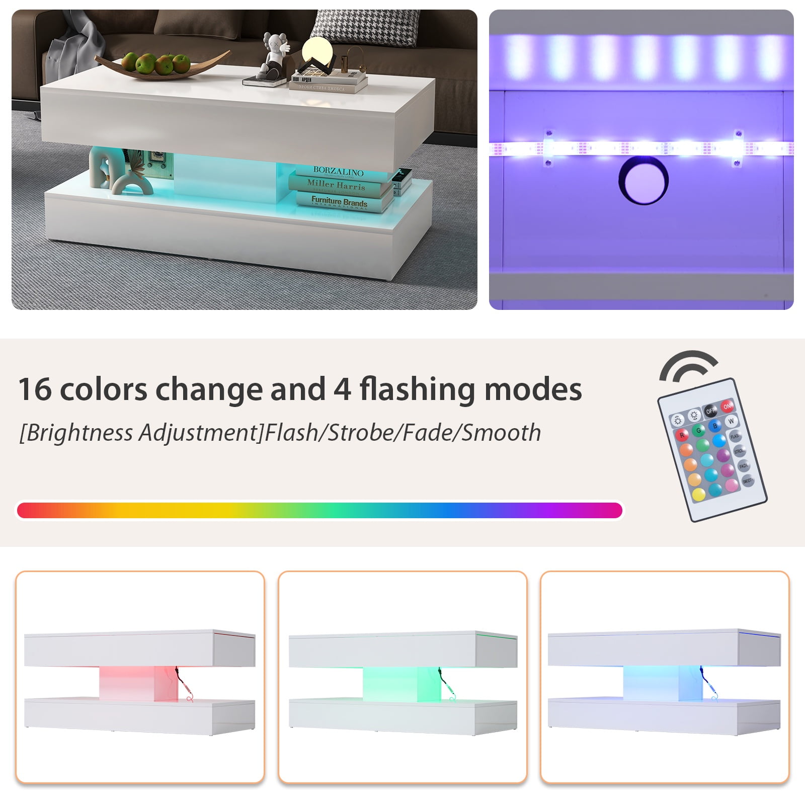 JOIVI High Gloss Coffee Table with 2 Storage Drawers, Modern LED Coffee Table, 2 Tiers Rectangle Center Table, 16-Color LED Lights, White