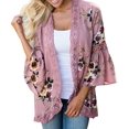 thumbnail image 1 of Womens Autumn Lace Floral Kimono Open Front Cardigan Fashion Casual 3/4 Sleeve Hollow Ruffle Loose Tops Blouses, 1 of 7
