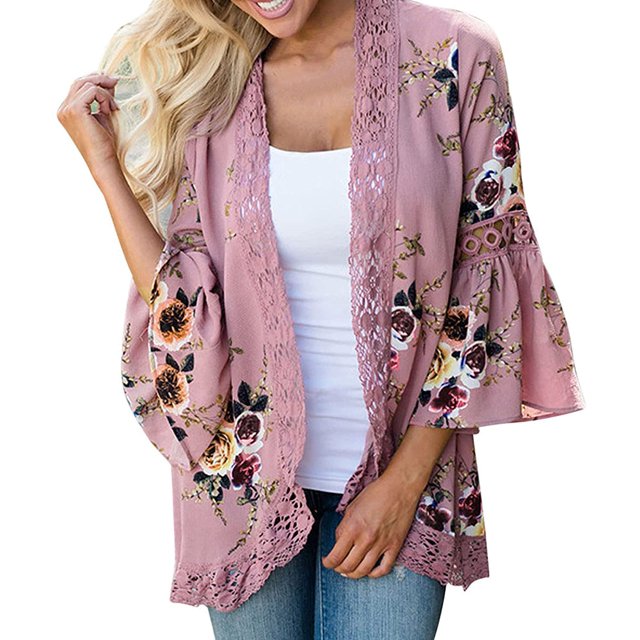 Womens Autumn Lace Floral Kimono Open Front Cardigan Fashion Casual 3/4 Sleeve Hollow Ruffle Loose Tops Blouses