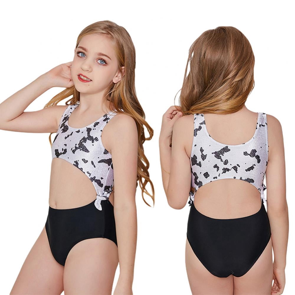 Bullpiano 7-11T Girls Print Swimsuits Breathable One Piece Bathing Suits for Kids Quick Dry Summer Beach Swimwear Bow Princess Beachwear Summer Vacation Gift for Girls (Black)