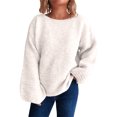 thumbnail image 2 of Women's Solid Color Casual Loose Knit Sweater Round Neck Long Sleeved Pullover for Fall Winter Everyday Essentials,White,L, 2 of 5