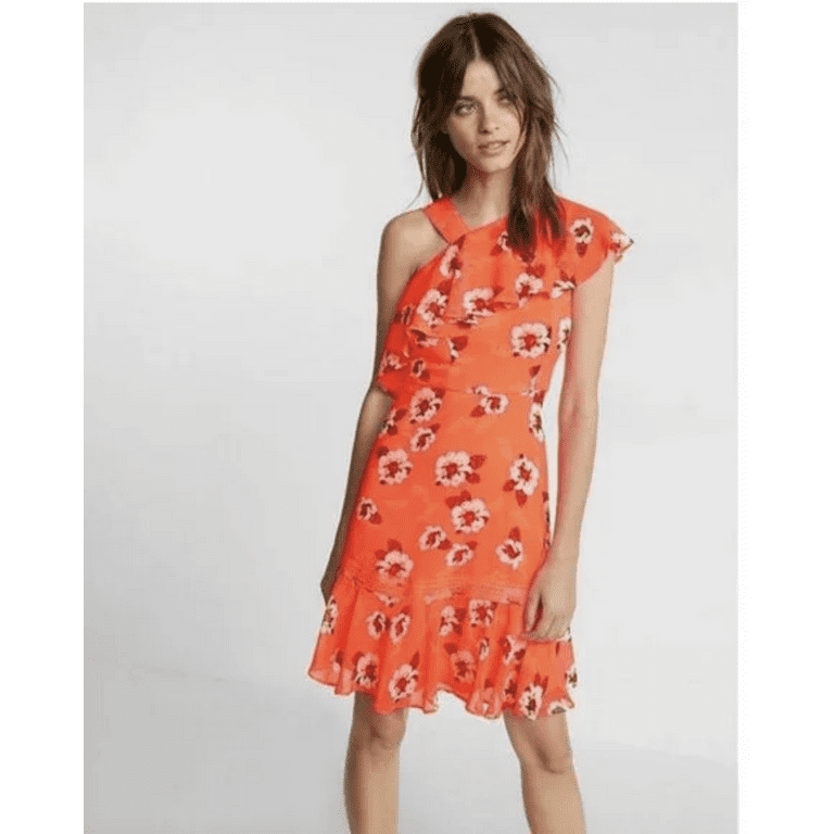 EXPRESS Neon Floral Print Asymmetrical Ruffle Dress Size 2 - Walmart.com