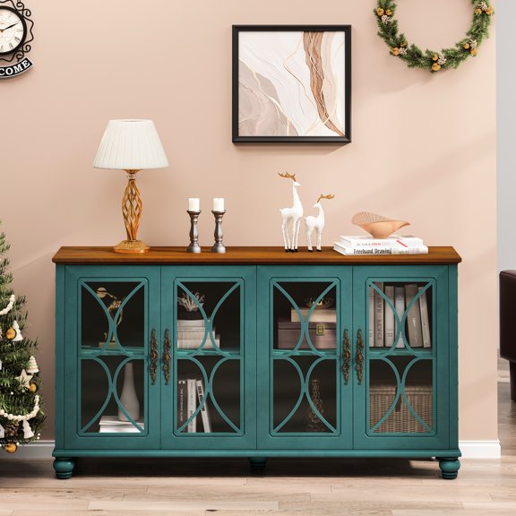 European Style Cabinet In Dark , 4 Tempered Glass Doors, With Wood Veneer, Spacious For Garden Supplies Storage Vintage Cabinet, & Wood, Versatile Garage