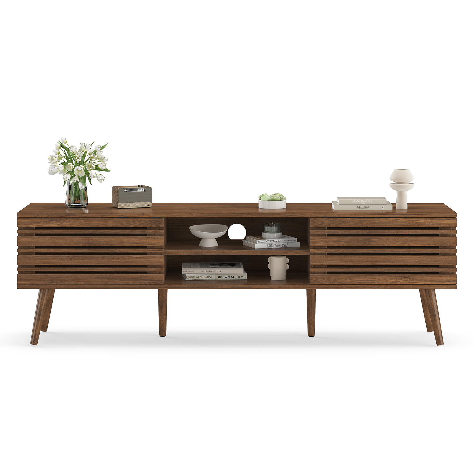 Hommoo Mid Century Modern TV Stands up to 70", Wooden Home Entertainment Center TV Console Cabinet with Sliding Tambour Door & Adjustable Shelves, Natural Walnut