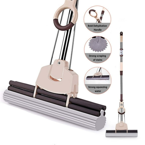 Kabnic Sponge Mop, Roller Sponge Mop, Self Squeeze Sponge Mop, Stainless Steel Handle, for Home Commercial Use Tile Floor Bathroom Garage Cleaning