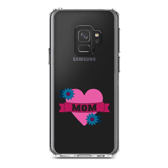 DistinctInk Clear Shockproof Hybrid Case for Samsung Galaxy S9 (5.8" Screen) - TPU Bumper Acrylic Back Tempered Glass Screen Protector - Love Mom - Flower Heart Banner