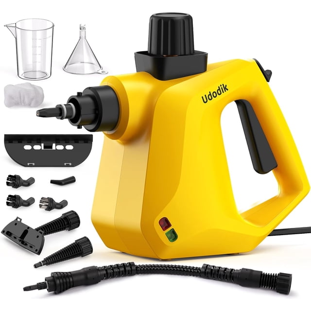 Udodik Handheld Steam Cleaner for Home, Steamer for Cleaning, Multipurpose Portable Steam Cleaners Use with Safety Lock and 10 Accessory Kit to Remove Grime, Grease,Carpet Sweepers (yellow)
