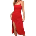 thumbnail image 1 of Robe Midi Fendue Sans Manches à Bretelles Spaghetti et Col Bénitier pour Femmes, Grande Taille, 1 of 7