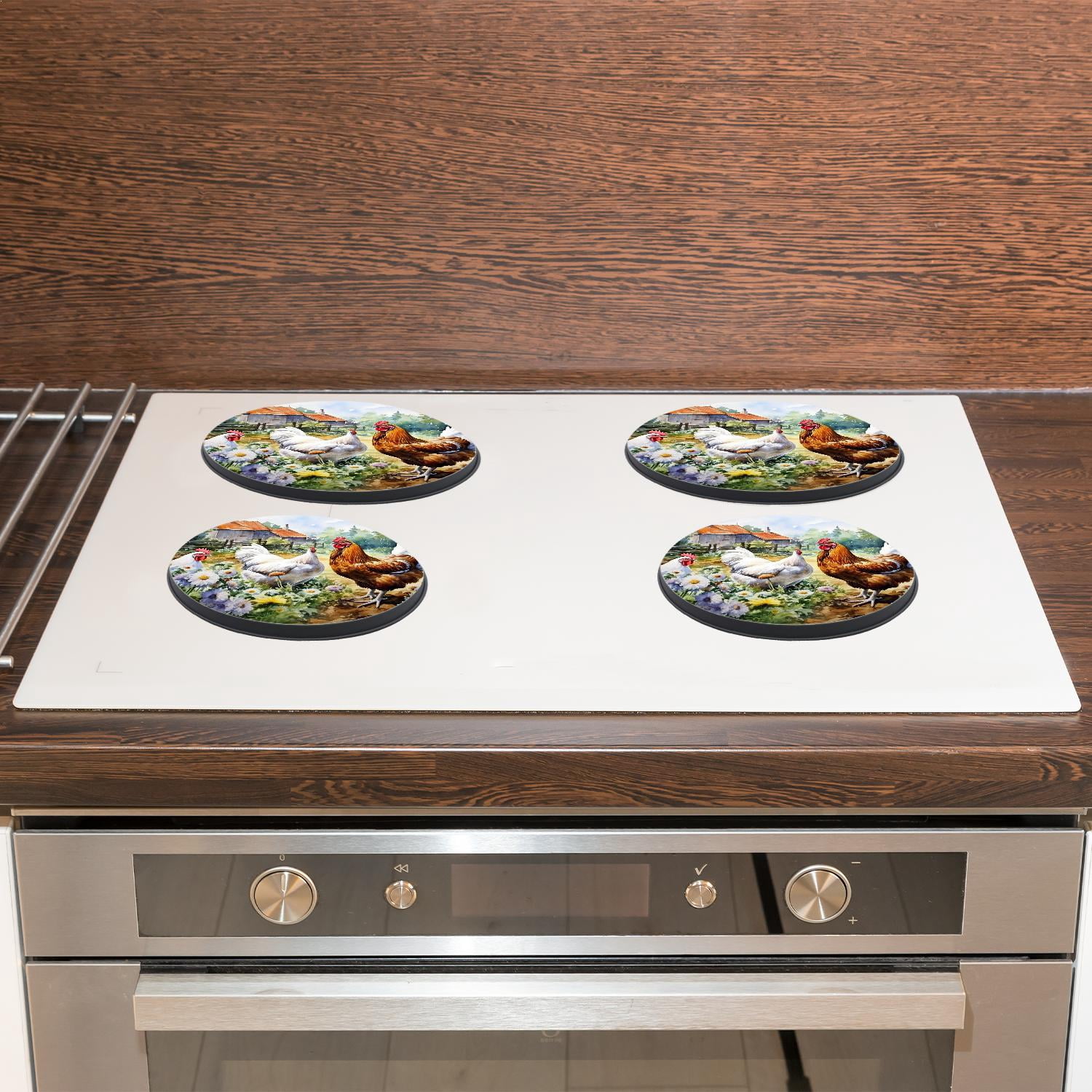 Stove Burner Covers 4 Pcs for Home Decor Cooktop Decorative ,Chicken and Rooster in The Grass creative, Round Electric Stove Burner Covers 8Inch And 10Inch