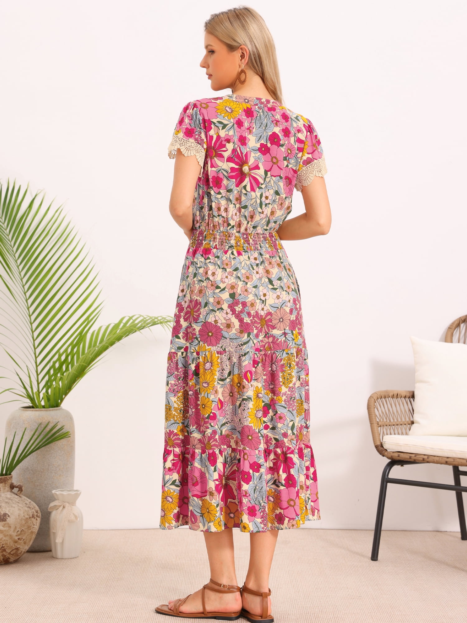 DARING DIVA Women's A-Line Floral Tiered Flowy V Neck Cap Sleeve Maxi Boho Dresses XL Pink