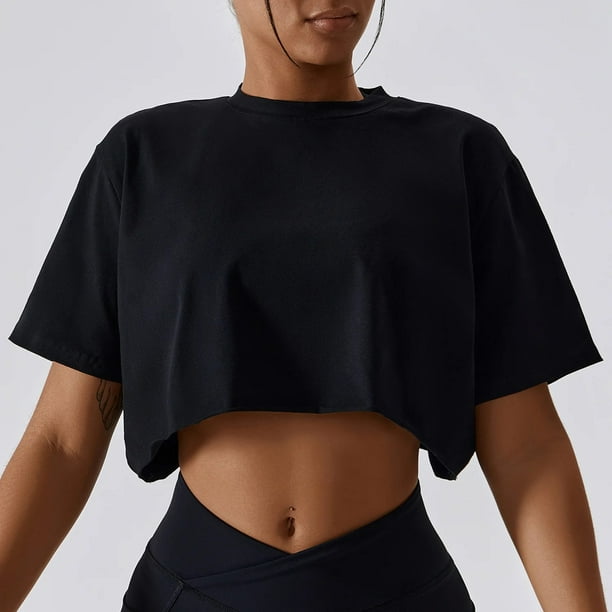 Top corto de gimnasia de manga corta para mujer, camisetas informales para Yoga, deportes de baile, ropa para correr, Top corto de Fitness, camisetas holgadas para gimnasio, camisas de entrenamiento