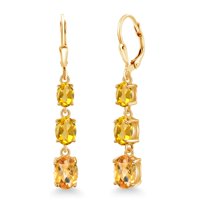 Gem Stone King 18K Yellow Gold Plated Silver Yellow Citrine 3 Stone Dangle Earrings for Women (4.90 Cttw, Gemstone November Birthstone, Oval Checkerboard 8X6MM, 7X5MM and 6X4MM)