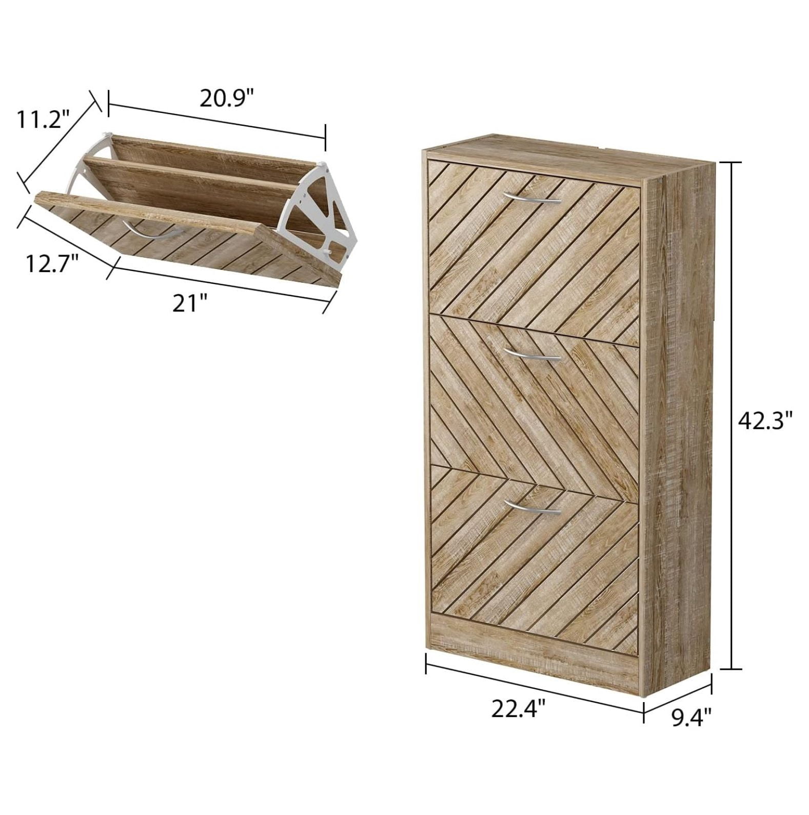 Modern Shoe Storage Cabinet with 3 Drawers & Twill Louver Doors, Wood 3-Tier Shoe Rack Storage Organizer for Entryway, Hallway & Bedroom, Brown (22.4”L x 9.4”W x 42.3”H)