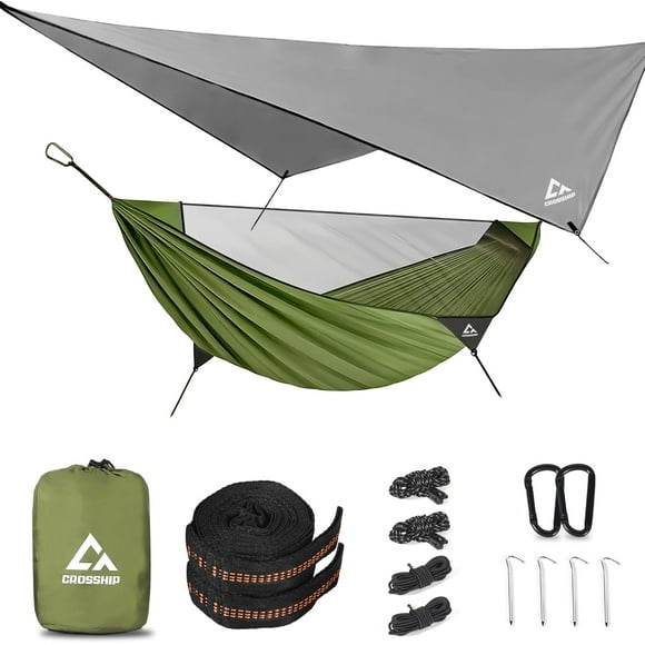 Hamaca de camping CROSSHIP, 290 x 155 cm, mosquitera Rain Fly