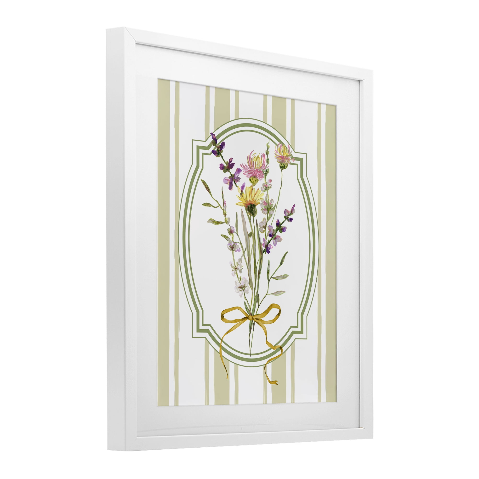 Wildflowers Bouquet Classic Stripes White Framed Print Under Glass, design by Adonna Ebrahimi