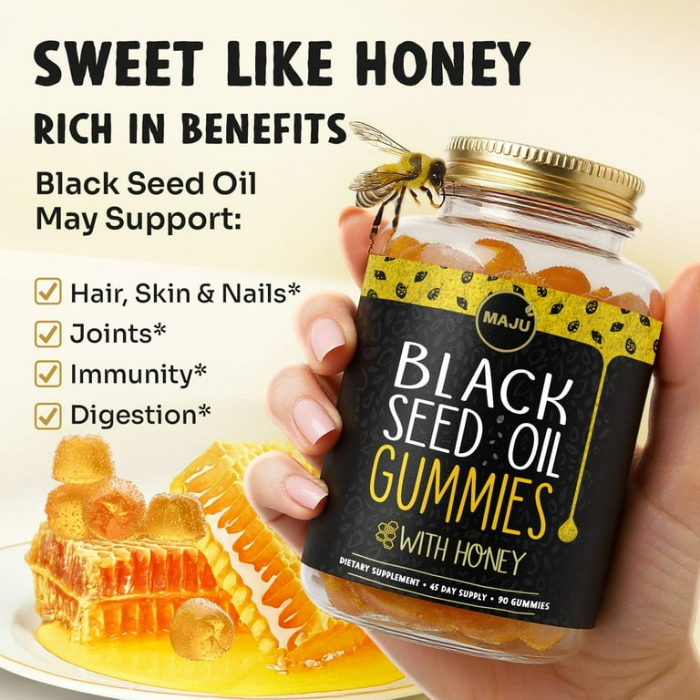 Maju Superfoods Black Seed Oil Gummies, 500 mg, Halal, Honey, 90