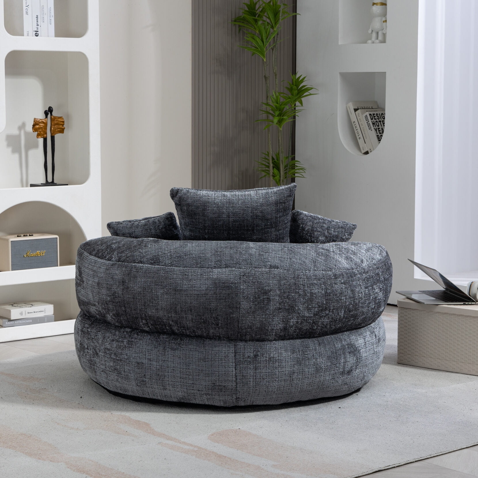Oversized Chenille Bean Bag Chair for Adults & Kids, Indoor & Outdoor Lazy Bean Bag Sofa with Wrap-Around Backrest & Pillows for Bedroom, Living Room, Playroom, 42.52''x42.52''x20.47'', Gray