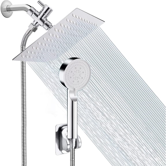 Dual Shower Head Combo: 7.87" High-Pressure Stainless Steel Rain Shower & 5-Speed Handheld Shower Set with Adjustable Bracket, 1.5M Hose, Wall Mounted