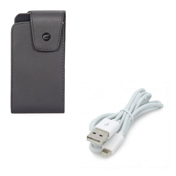 USB Cable w Case Belt Clip for iPhone 8/7/6S/6 - Charger Cord Power Wire Sync Fast Charge, Leather Swivel Holster Vertical Cover for iPhone 8/7/6S/6 Models