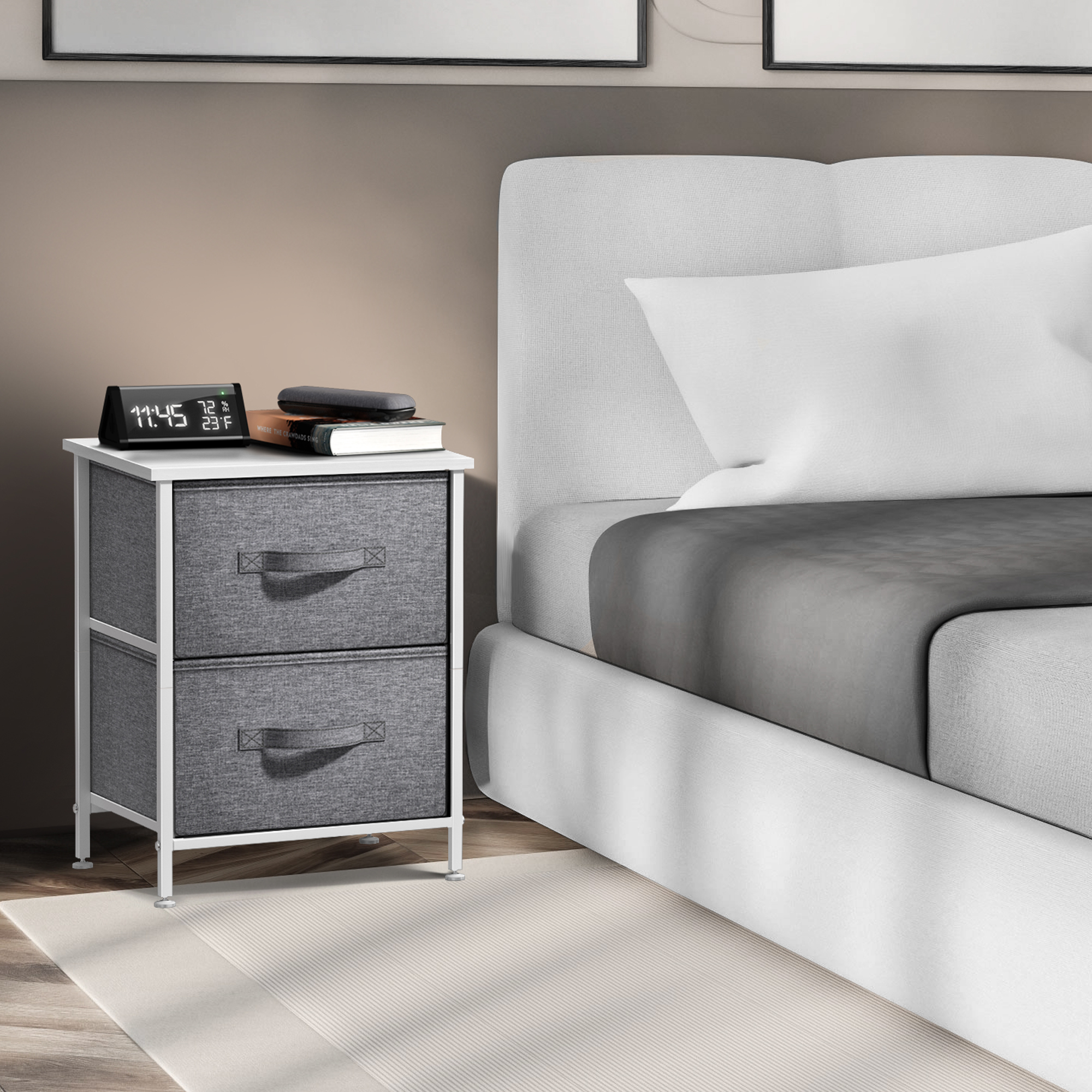 Sorbus Nightstand with 2 Drawers, Steel Frame, Wood Top, Fabric Bins, White/Gray