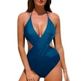 thumbnail image 2 of Fartey Womens Cross Front One Piece Swimsuits Summer Halter Lace Up Deep V Bathing Suit Solid Color Tummy Control High Cut Swimwear Blue S-XL, 2 of 6
