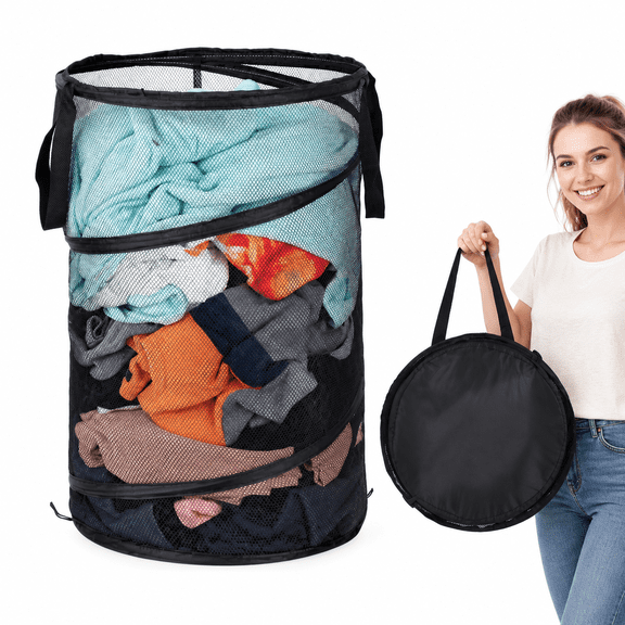 Pop Up Collapsible Mesh Laundry Hamper, Dirty Clothes Hamper, Foldable Mesh Laundry Basket with Carry Handles, Black 59L