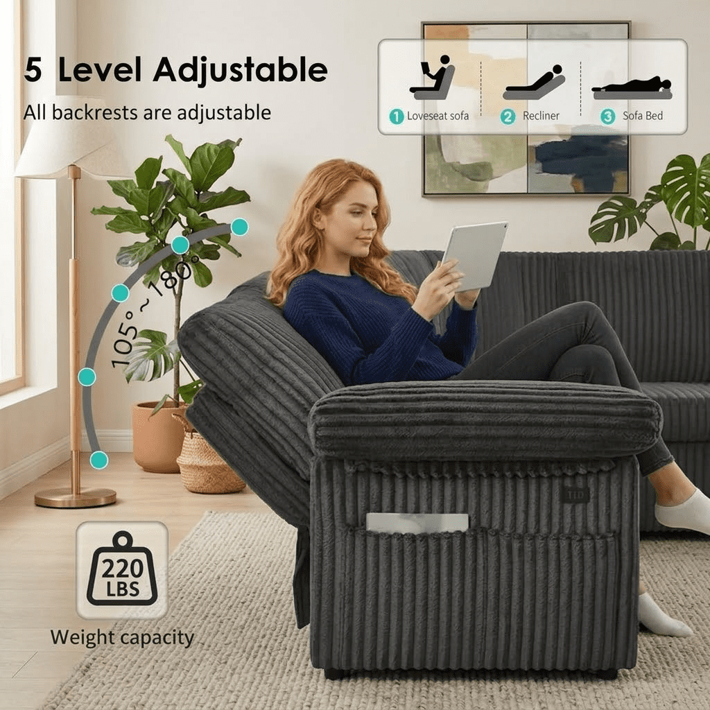 EPOWP 81" Modular Sectional Sleeper Sofa, L Shaped 5-Seater Couch with Pull Out Bed, Large Storage Chaise, USB Charging Ports & Adjustable Backrest, Corduroy Sofa Bed for Living Room,Dark Grey