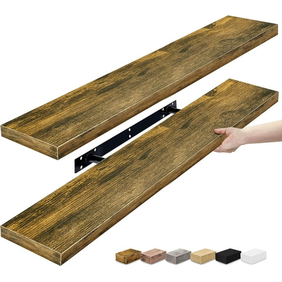 Floating Shelves for Wall - 35 Inch Long Bathroom Shelves, Wall Decor for Bedroom, Kitchen, Living Room & Book Storage - Mounted Floating Shelf with Brackets (Brown, 2 Pack)
