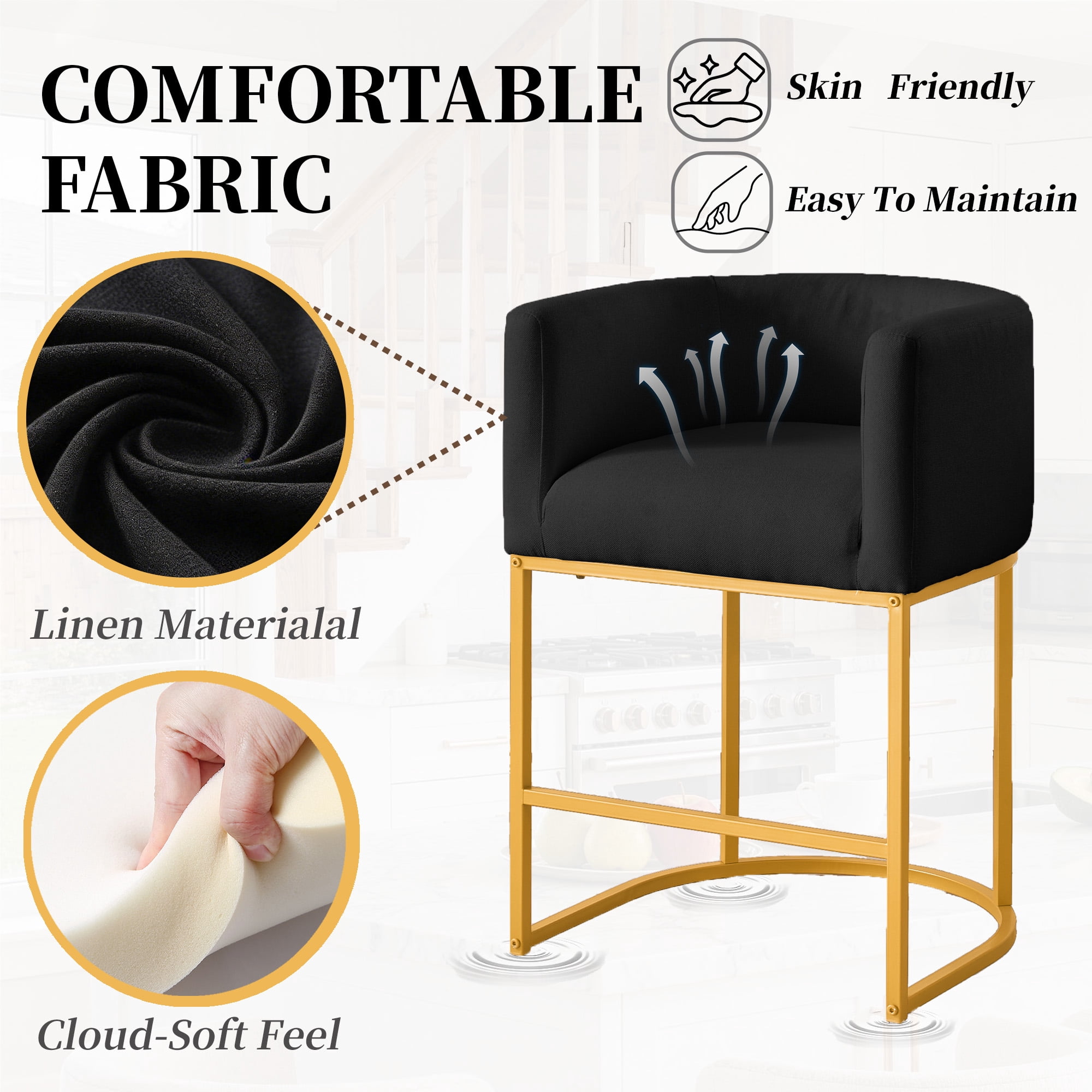 CRERIYO 26" Counter Height Bar Stool Set of 1, Fabric Upholstered Modern Barrel Bar Chair with Metal Frame, Black