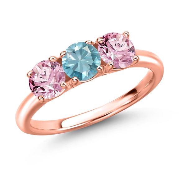 Gem Stone King 18K Rose Gold Plated Silver Blue Zircon and Pink Lab Grown Diamond Engagement Ring for Women | 1.85 Cttw | Round 5MM | Gemstone Birthstone | Size 5