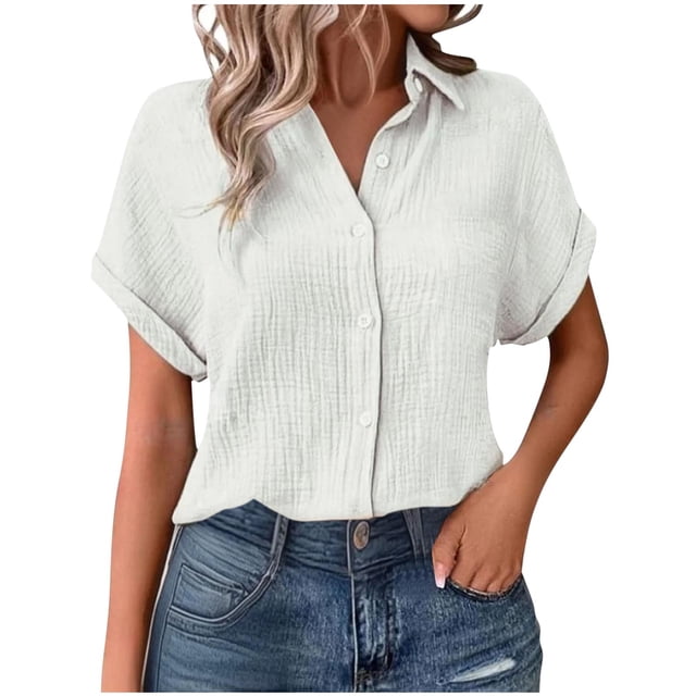 Yanlir Blouse à Manches Courtes pour Femme à Col Rabattu, Haut Uni à Boutons, Tenue de Bureau Décontractée, Léger (Blanc, P)