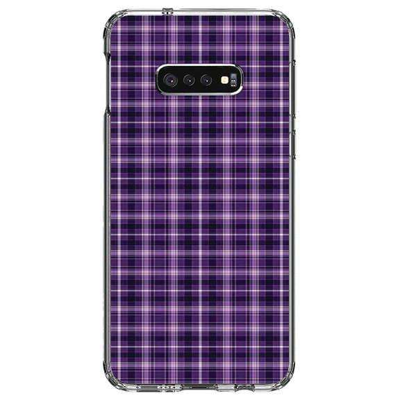 DistinctInk Clear Shockproof Hybrid Case for Samsung Galaxy S10e (5.8" Screen) - TPU Bumper, Acrylic Back, Tempered Glass Screen Protector - Purple Black Plaid