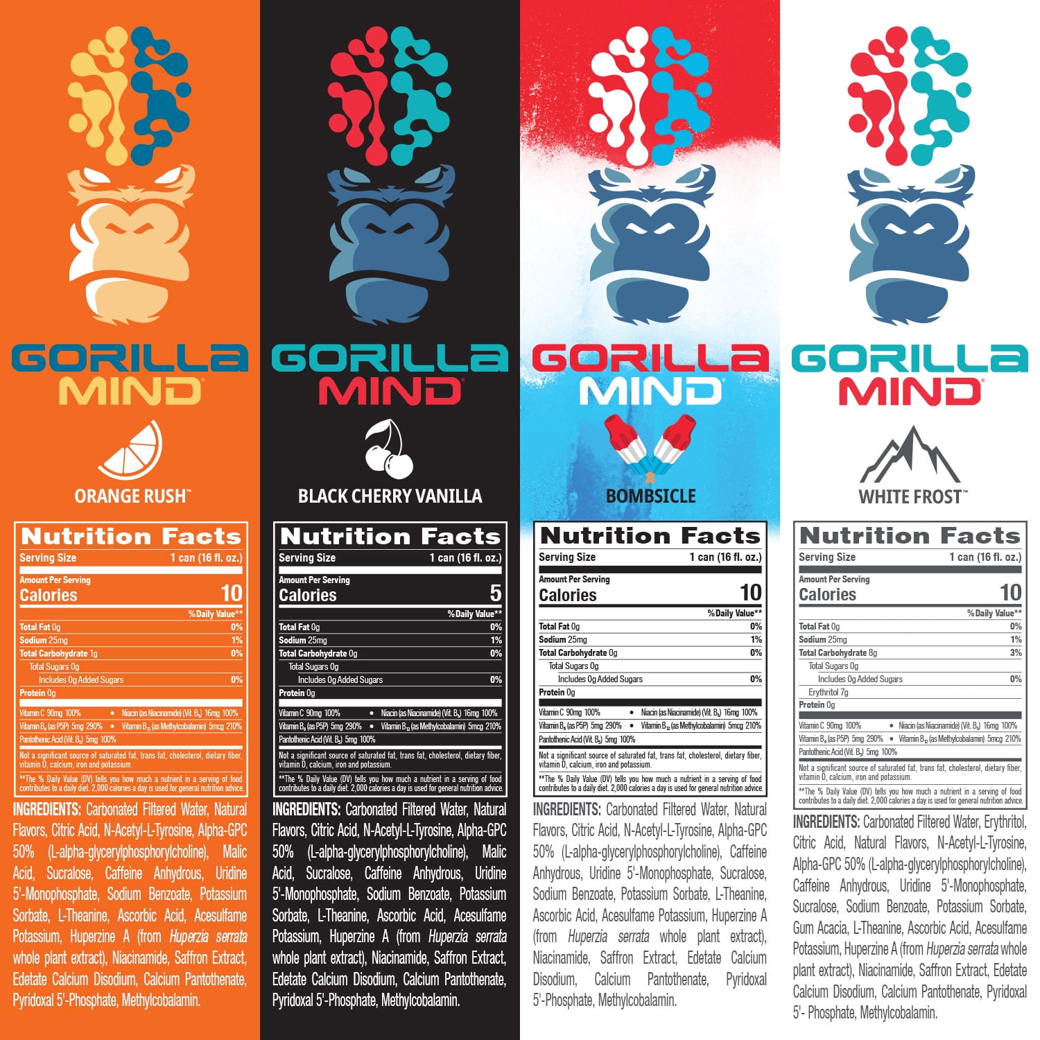 Gorilla Mind Energy Drink, No Sugar or Artificial Colors,Variety Pack 2, 16 oz, 12 pack Cans