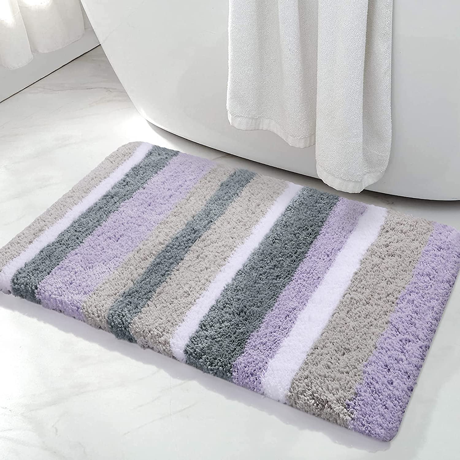 Gear New Purple and Pink Stripe Pattern Bath Rug Mat No Slip Microfiber Memory Foam