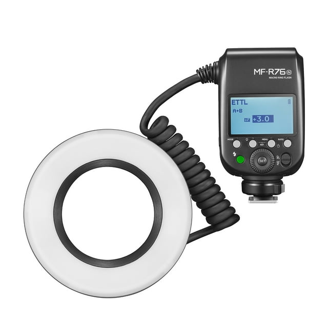 Linterna Godox MF-R76N i-TTL Macro Ring Flash Light GN14 10 niveles de brillo ajustable con 8 piezas de anillo adaptador Reemplazo de batería de gran capacidad para cámara Nikon