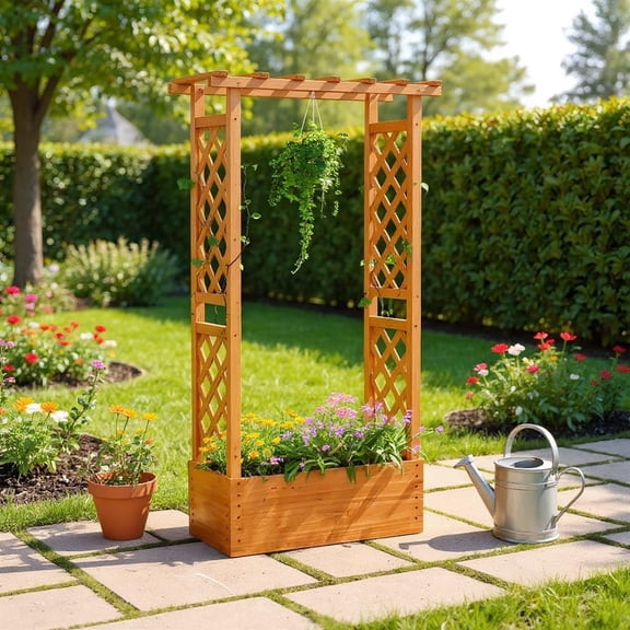 Topcobe Raised Garden Bed with Side Trellis and Hanging Roof and Drainage Hole, Patio Plant Stand for Backyard Garden-Orange