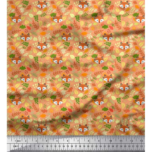Soimoi Moss Georgette Fabric Leaves & Fox Face Cartoon Print Fabric by Yard 42 Inch Wide