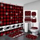 thumbnail image 1 of Juego de 4 cortinas de ducha navideñas, diseño de búfalo rojo y negro, con diseño de gnomo, pájaro cardenal, corona navideña, decoración rústica de casa de campo, cortina de ducha de tela, 1 of 7
