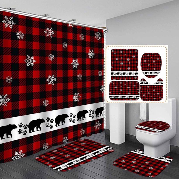 Juego de 4 cortinas de ducha navideñas, diseño de búfalo rojo y negro, con diseño de gnomo, pájaro cardenal, corona navideña, decoración rústica de casa de campo, cortina de ducha de tela