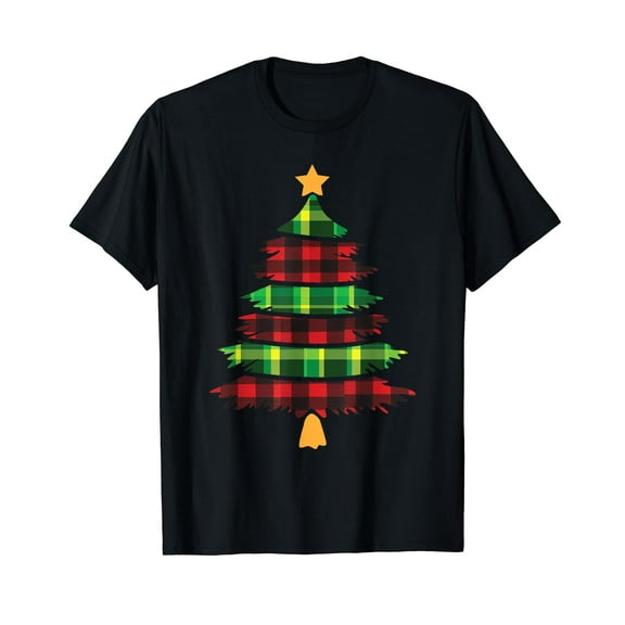Merry Christmas Tree Buffalo Plaid Red Green Pine Funny Xmas Black T-Shirt