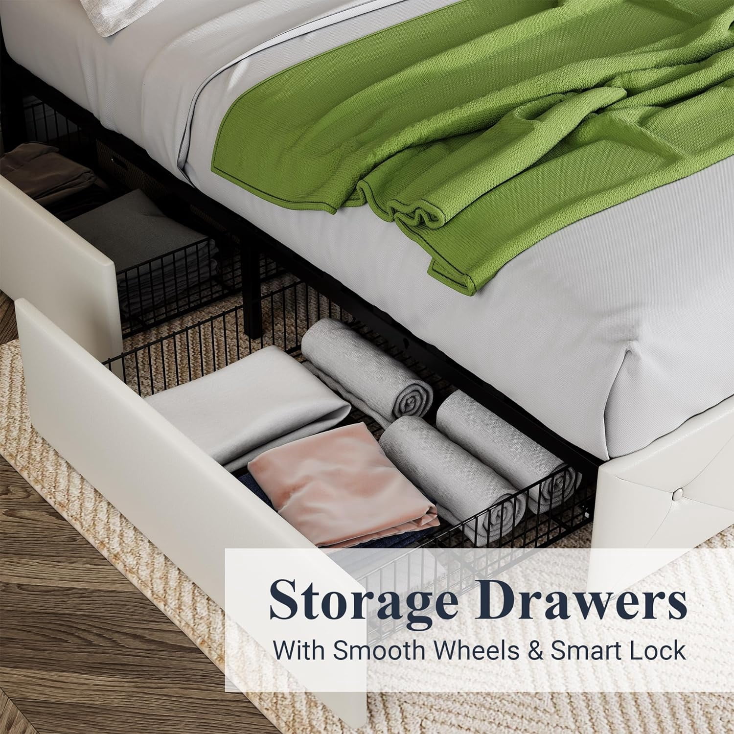 Allewie Upholstered King Size Platform Bed Frame with 4 Storage Drawers and Headboard, Diamond Stitched Button Tufted, White