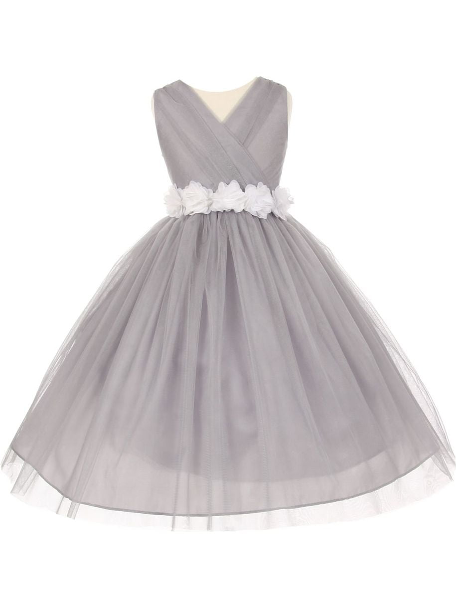 white and silver flower girl dress