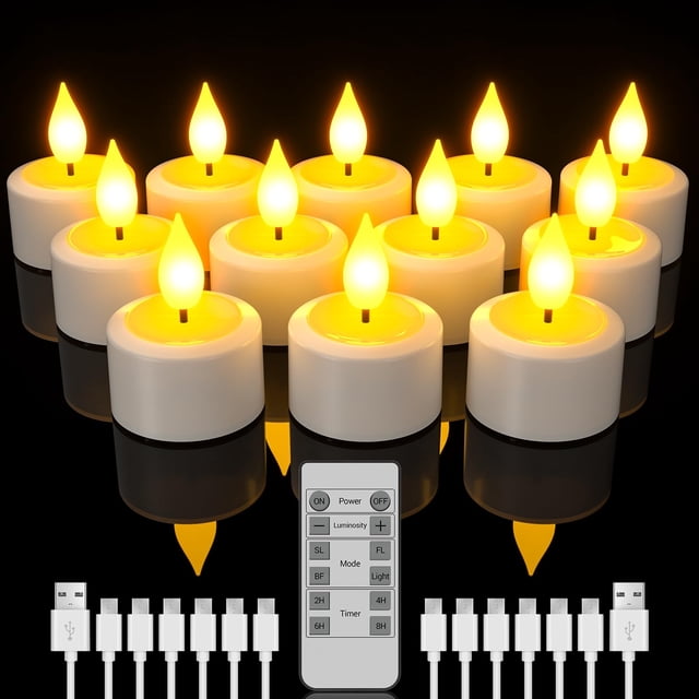 SoulBay Rechargeable Tea Lights with Remote, 12pcs Flameless Flickering LED Candles with Timer & Charging Cable, No Battery Needed, for Hom
